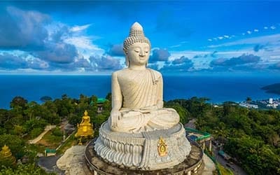 Phuket Thailand overview &mdash; Big Buddha and island landscape